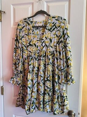 Pomander Place Yellow Floral Tiered V-Neck Dress Medium